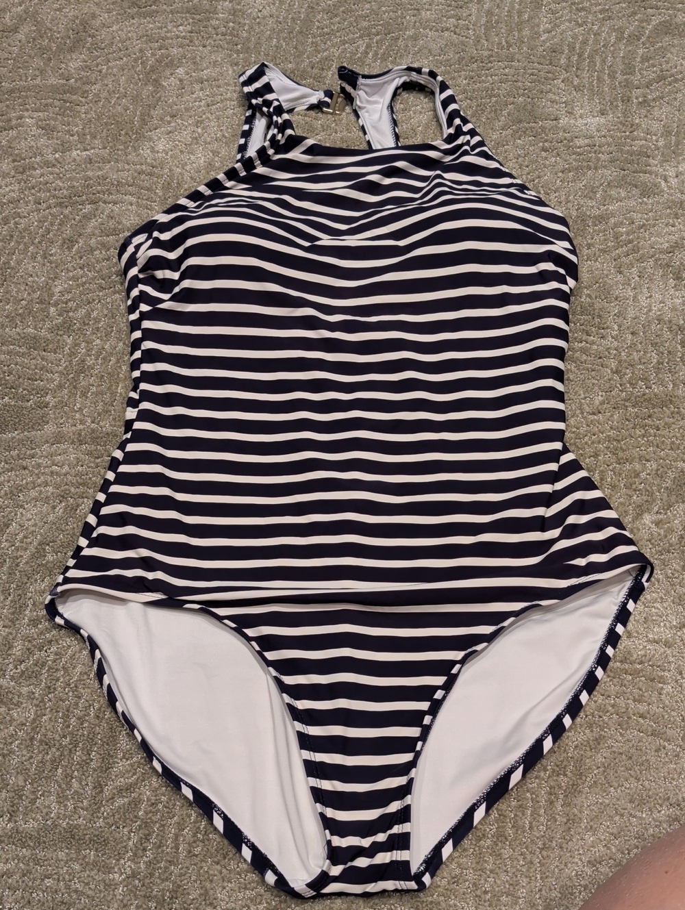 Lands' End Navy & White Striped Racerback One-Piece Swimsuit